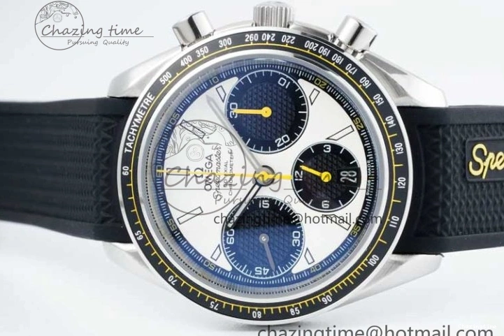 0706 TopPick Speedmaster Racing Master SS HKF Best Edition White Black Dial on Black Rubber Strap A 7813